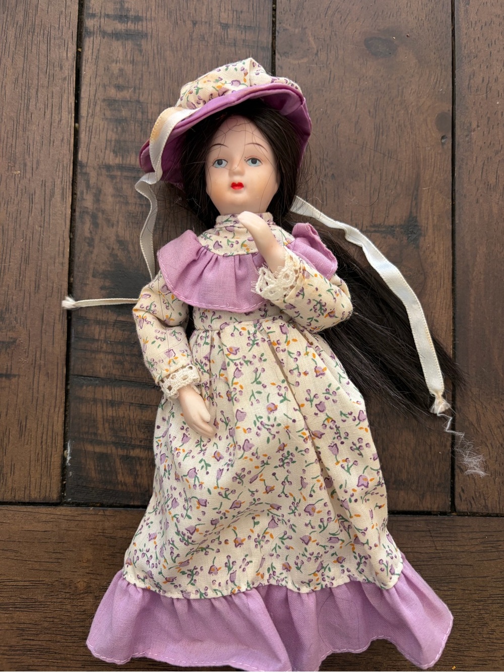 Vintage Lavender Floral Porcelain Doll with Matching Hat